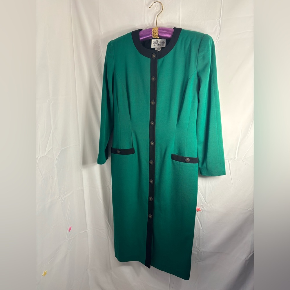 VTG Wool Structured Teal+Black Old‎ Money Button Up Duster Overcoat Women’s M